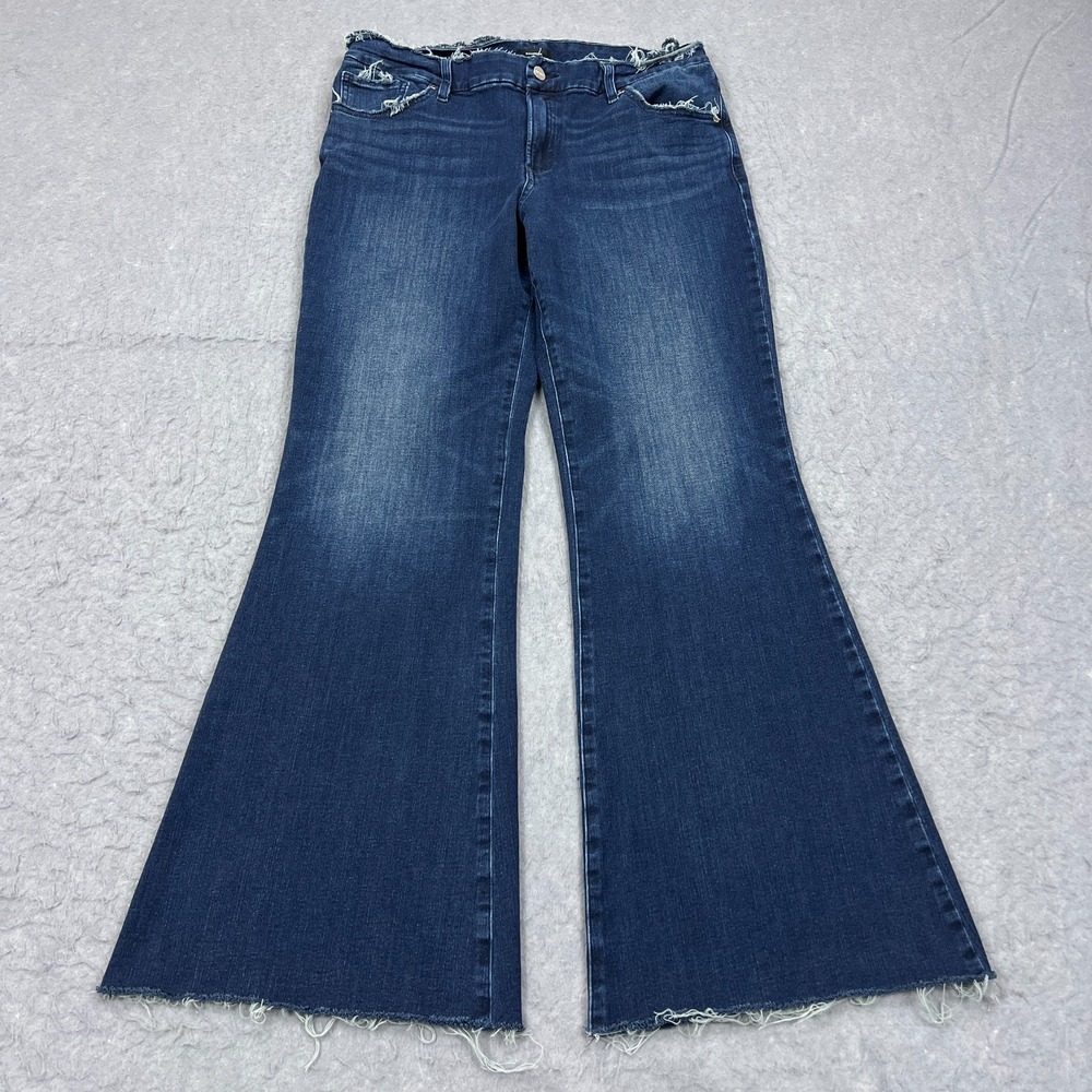 Express '70s Flare Mid Rise Jeans Women's Large Dark Blue Denim Stretch‎ Fringe